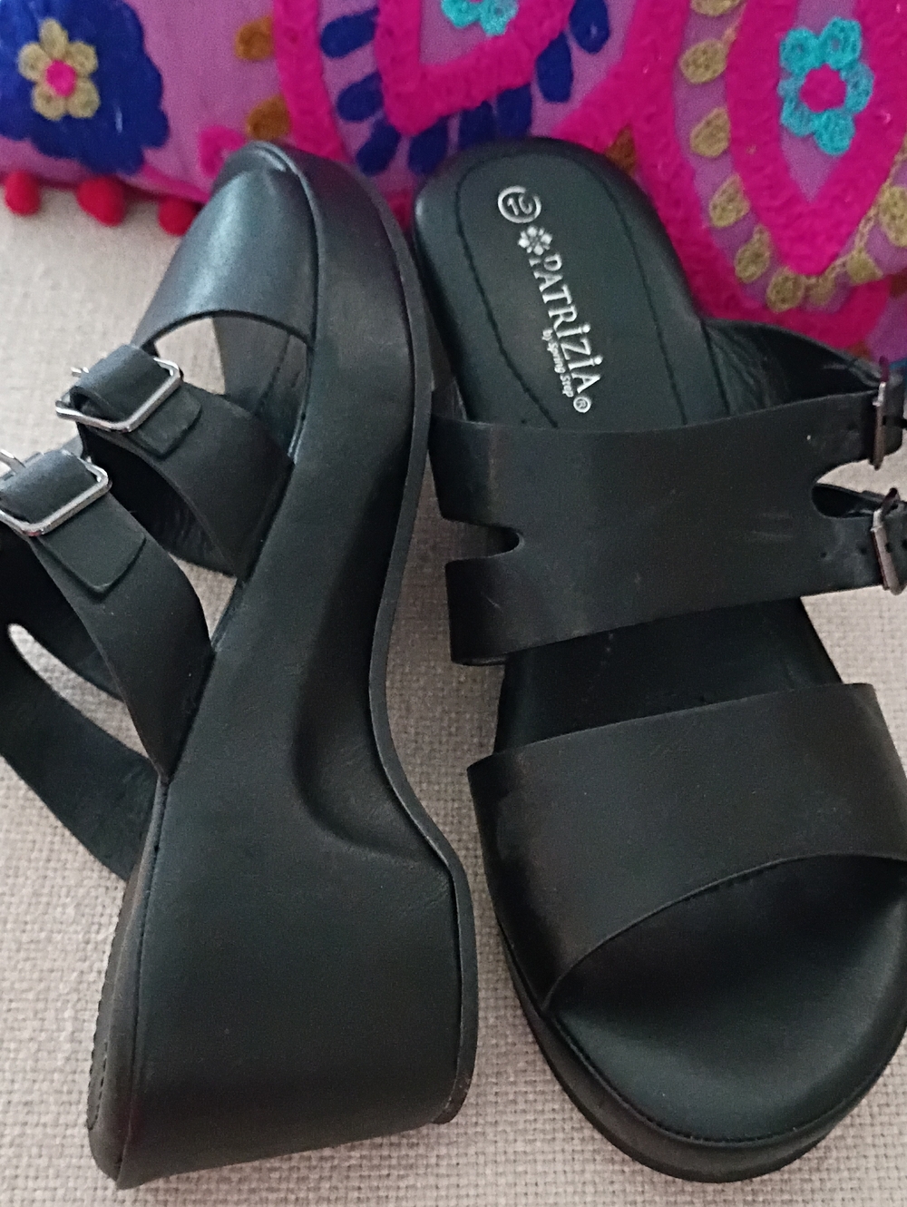 Patrizia-Black-Sz 10-Wedge Slide Sandals with Dual Buckles Chic Comfort